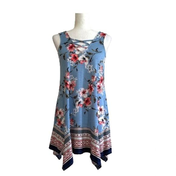 Three Pink Hearts Blue Floral Sleeveless Handkerchief Tunic Top Dress XS NEW - Picture 10 of 10